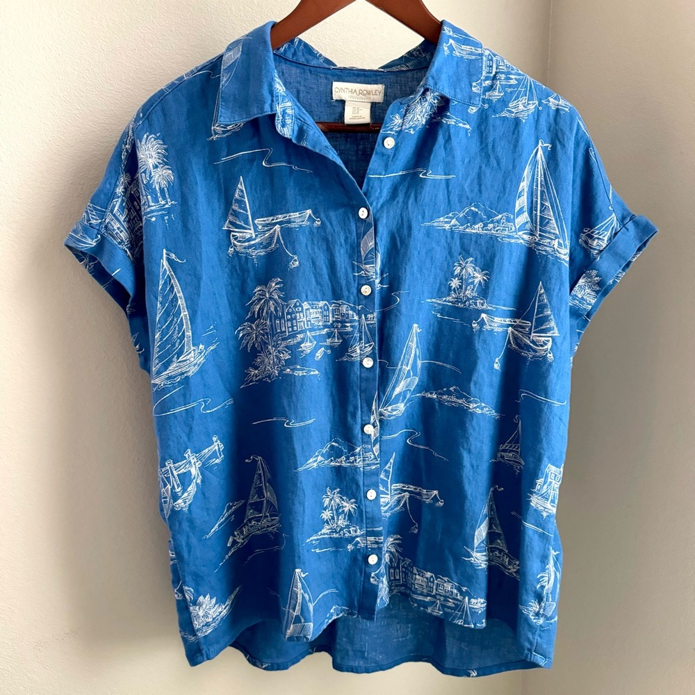 Cynthia Rowley 100% Linen Button Down Sail Boat Nautical Blouse Medium